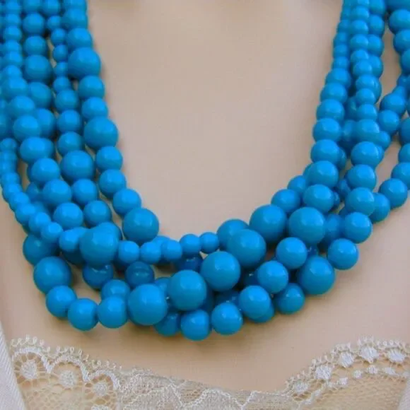 EUC Turquoise Colored Heavy Beaded 5 Strand Necklace - Picture 3 of 5